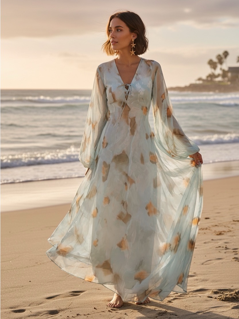Caftan Summer Dress Light Aqua & Orange Watercolor Tie-Detail